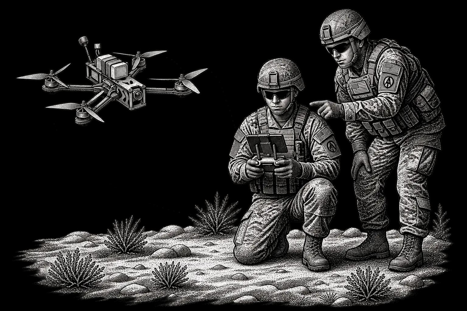 Instructor guiding a trainee through UAS piloting training